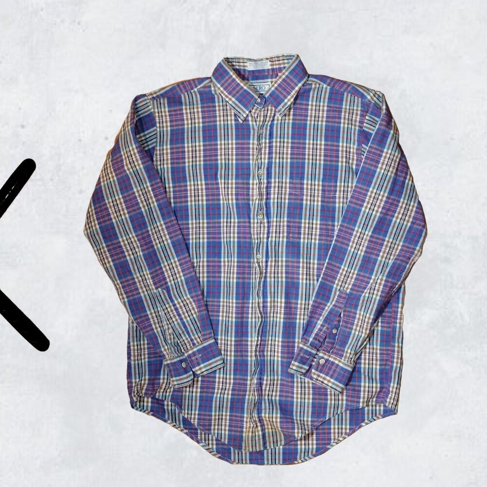 VTG Sero Shirtmakers Mens Plaid Button Up Shirt Long Sleeve Red Blue Made in USA